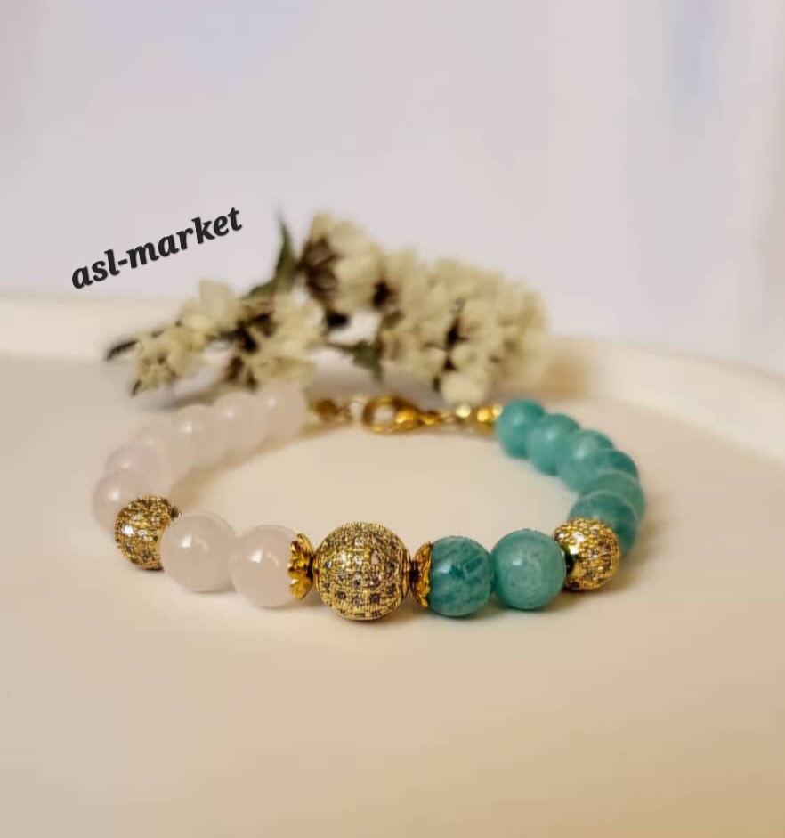 دستبند سنگ آمازونیت و رزکوارتز گوی های سواروسکی متریال استیل